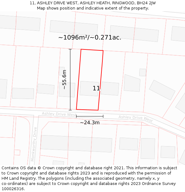 11, ASHLEY DRIVE WEST, ASHLEY HEATH, RINGWOOD, BH24 2JW: Plot and title map
