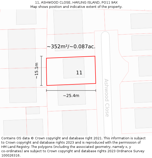 11, ASHWOOD CLOSE, HAYLING ISLAND, PO11 9AX: Plot and title map