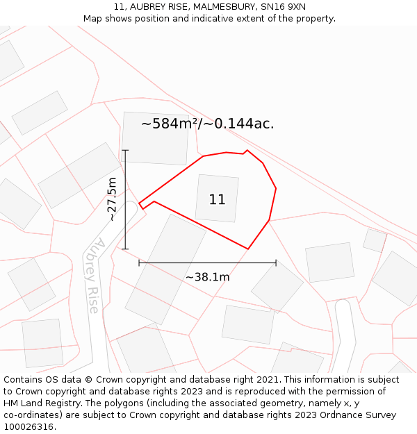 11, AUBREY RISE, MALMESBURY, SN16 9XN: Plot and title map