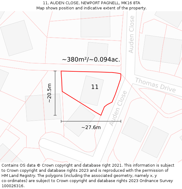 11, AUDEN CLOSE, NEWPORT PAGNELL, MK16 8TA: Plot and title map