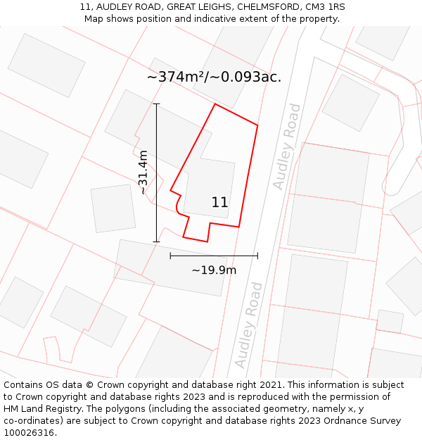 11, AUDLEY ROAD, GREAT LEIGHS, CHELMSFORD, CM3 1RS: Plot and title map