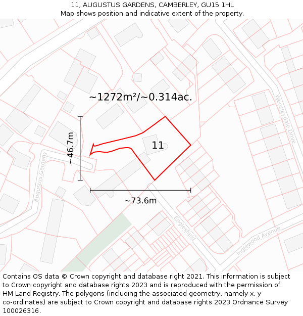 11, AUGUSTUS GARDENS, CAMBERLEY, GU15 1HL: Plot and title map