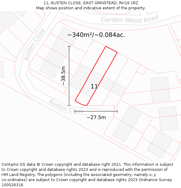 11, AUSTEN CLOSE, EAST GRINSTEAD, RH19 1RZ: Plot and title map