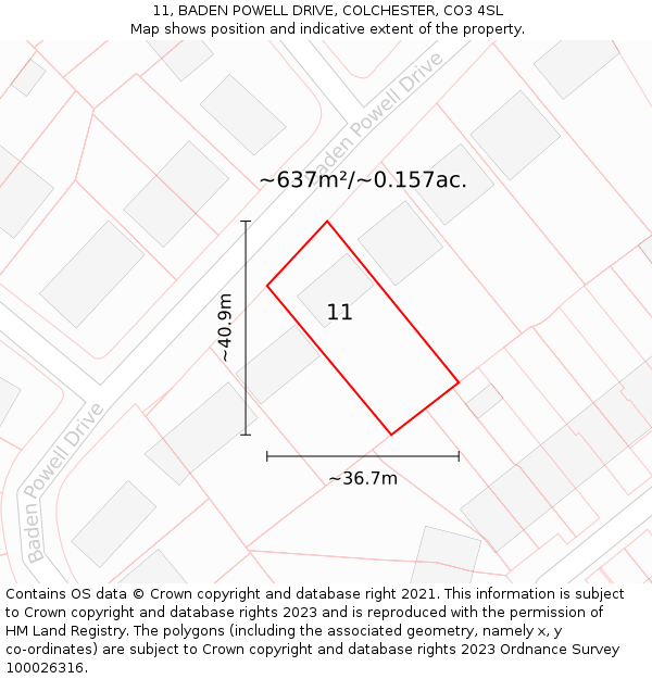 11, BADEN POWELL DRIVE, COLCHESTER, CO3 4SL: Plot and title map