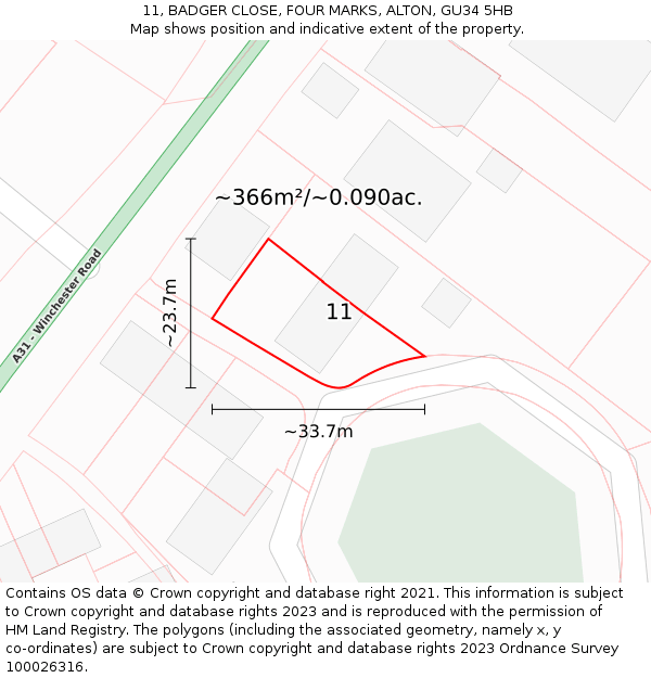 11, BADGER CLOSE, FOUR MARKS, ALTON, GU34 5HB: Plot and title map