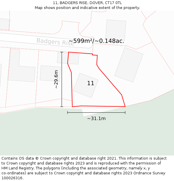 11, BADGERS RISE, DOVER, CT17 0TL: Plot and title map