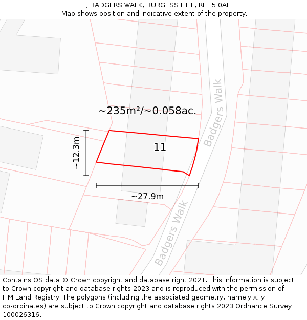 11, BADGERS WALK, BURGESS HILL, RH15 0AE: Plot and title map