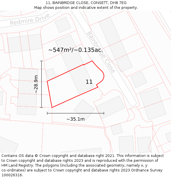 11, BAINBRIDGE CLOSE, CONSETT, DH8 7EG: Plot and title map