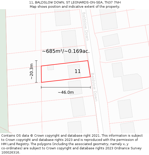 11, BALDSLOW DOWN, ST LEONARDS-ON-SEA, TN37 7NH: Plot and title map
