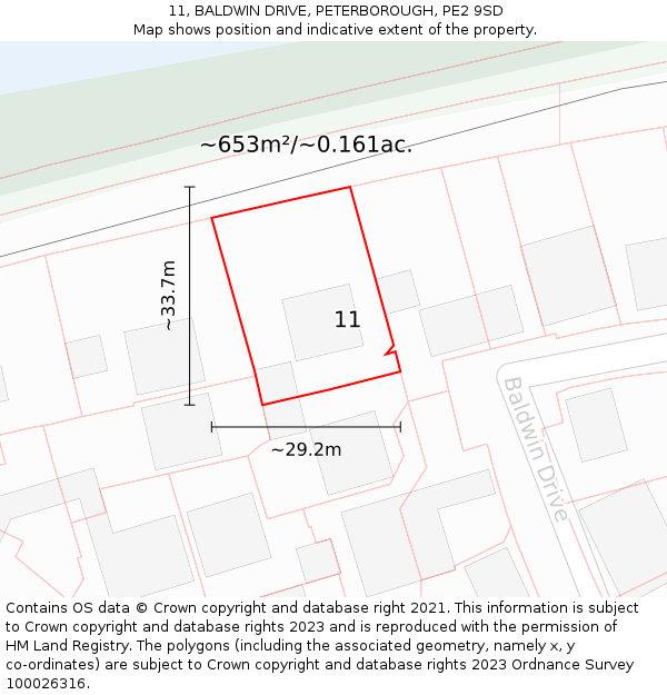 11, BALDWIN DRIVE, PETERBOROUGH, PE2 9SD: Plot and title map