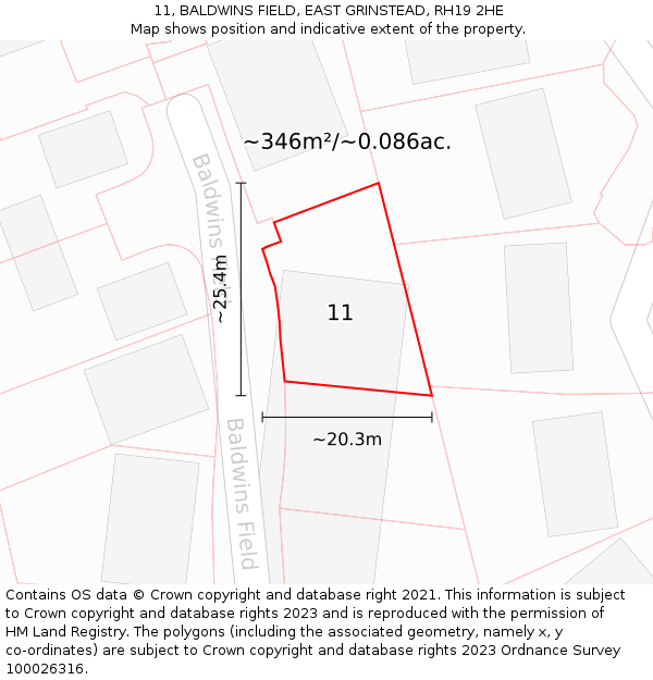 11, BALDWINS FIELD, EAST GRINSTEAD, RH19 2HE: Plot and title map