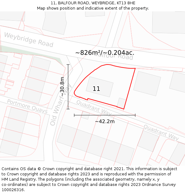 11, BALFOUR ROAD, WEYBRIDGE, KT13 8HE: Plot and title map