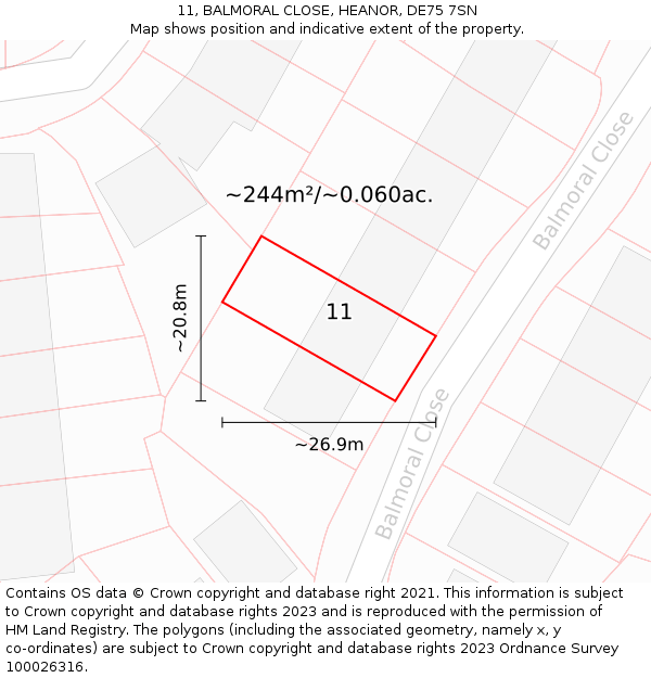 11, BALMORAL CLOSE, HEANOR, DE75 7SN: Plot and title map