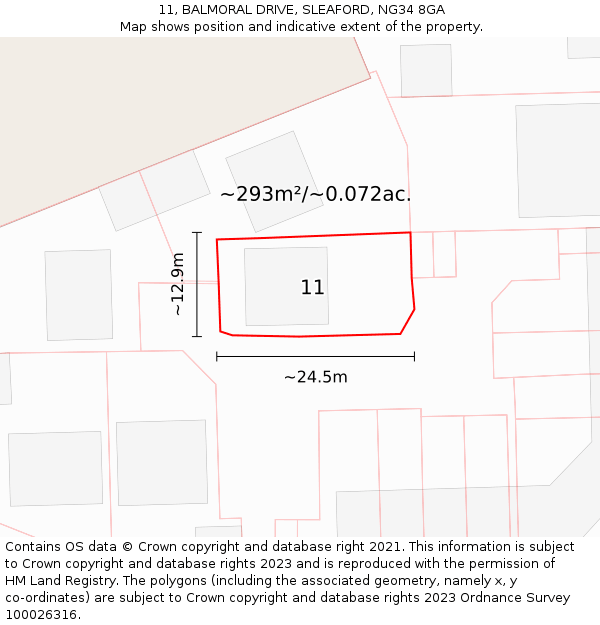 11, BALMORAL DRIVE, SLEAFORD, NG34 8GA: Plot and title map