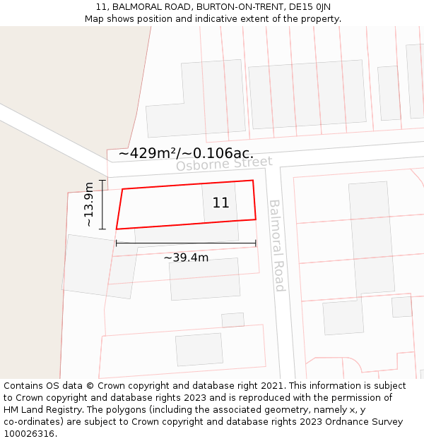 11, BALMORAL ROAD, BURTON-ON-TRENT, DE15 0JN: Plot and title map