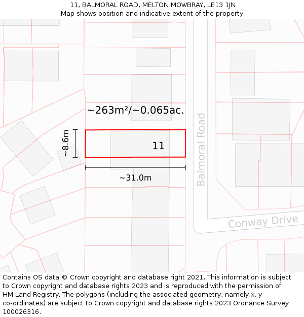 11, BALMORAL ROAD, MELTON MOWBRAY, LE13 1JN: Plot and title map