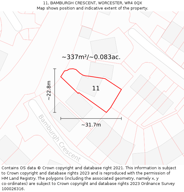 11, BAMBURGH CRESCENT, WORCESTER, WR4 0QX: Plot and title map