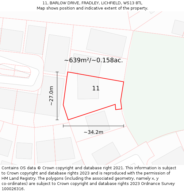 11, BARLOW DRIVE, FRADLEY, LICHFIELD, WS13 8TL: Plot and title map