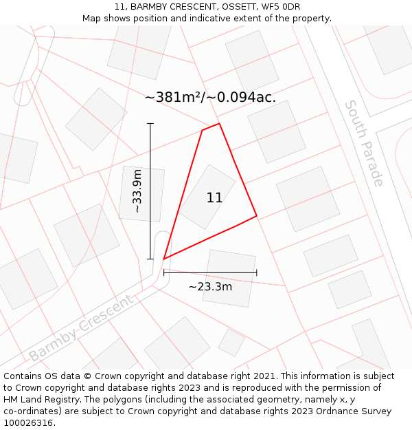 11, BARMBY CRESCENT, OSSETT, WF5 0DR: Plot and title map