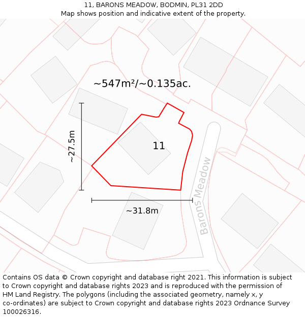 11, BARONS MEADOW, BODMIN, PL31 2DD: Plot and title map