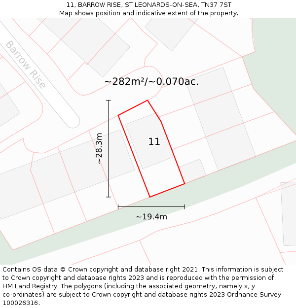 11, BARROW RISE, ST LEONARDS-ON-SEA, TN37 7ST: Plot and title map