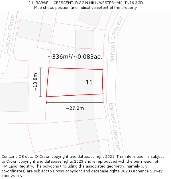 11, BARWELL CRESCENT, BIGGIN HILL, WESTERHAM, TN16 3GD: Plot and title map