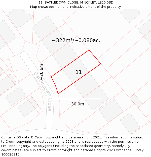 11, BATTLEDOWN CLOSE, HINCKLEY, LE10 0SD: Plot and title map