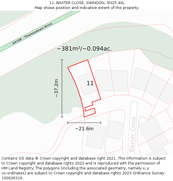 11, BAXTER CLOSE, SWINDON, SN25 4XL: Plot and title map