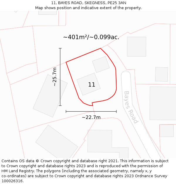 11, BAYES ROAD, SKEGNESS, PE25 3AN: Plot and title map