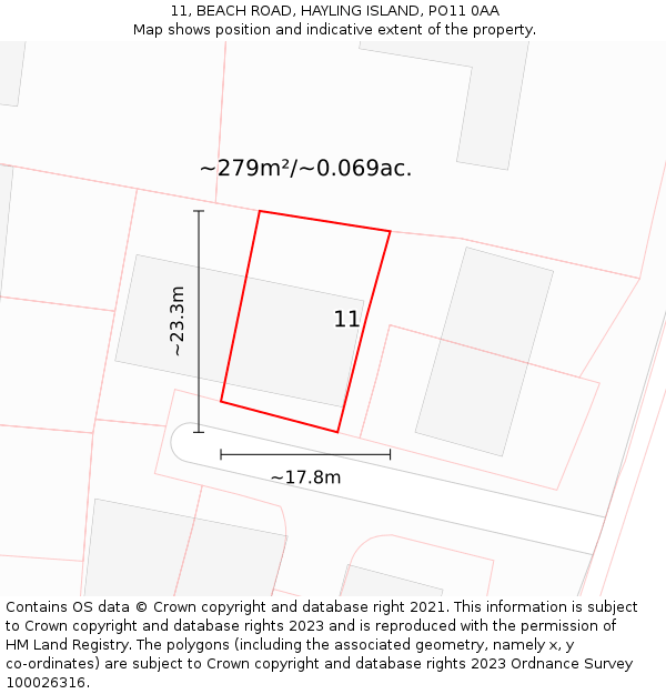 11, BEACH ROAD, HAYLING ISLAND, PO11 0AA: Plot and title map