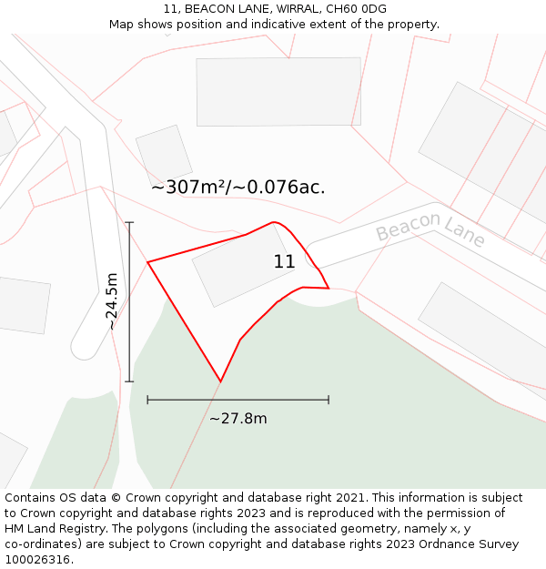 11, BEACON LANE, WIRRAL, CH60 0DG: Plot and title map