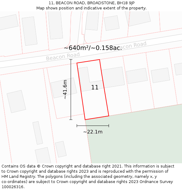 11, BEACON ROAD, BROADSTONE, BH18 9JP: Plot and title map