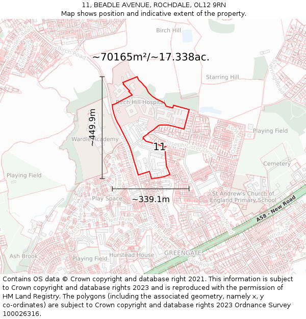 11, BEADLE AVENUE, ROCHDALE, OL12 9RN: Plot and title map