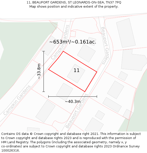 11, BEAUPORT GARDENS, ST LEONARDS-ON-SEA, TN37 7PQ: Plot and title map