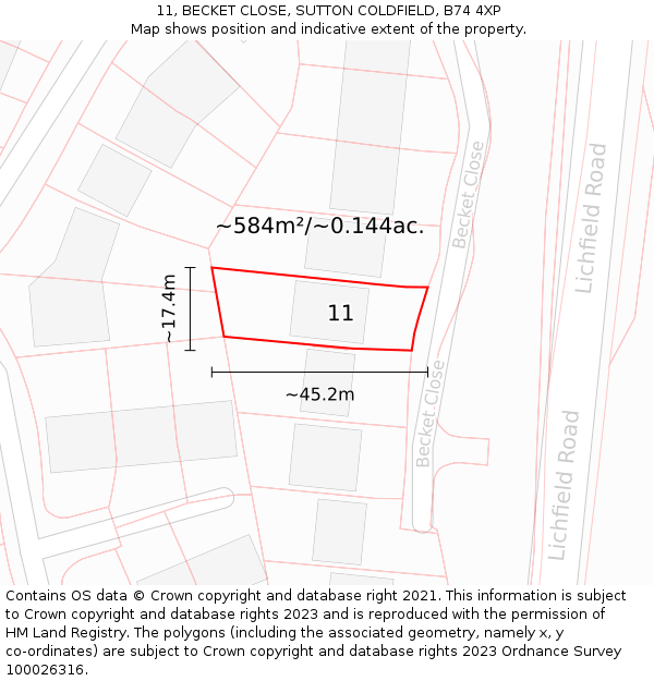 11, BECKET CLOSE, SUTTON COLDFIELD, B74 4XP: Plot and title map