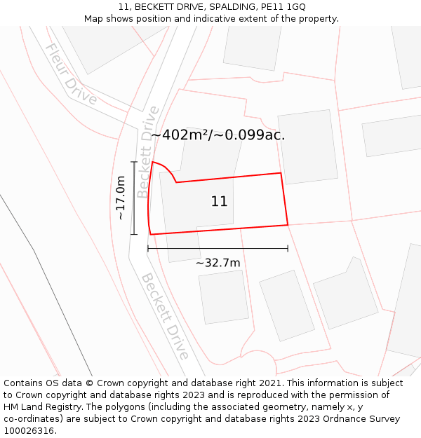 11, BECKETT DRIVE, SPALDING, PE11 1GQ: Plot and title map