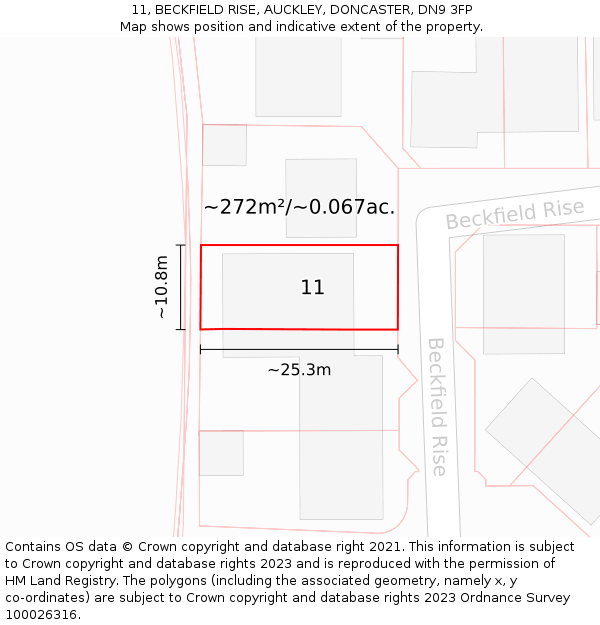 11, BECKFIELD RISE, AUCKLEY, DONCASTER, DN9 3FP: Plot and title map