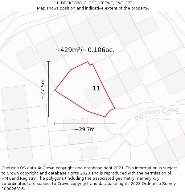 11, BECKFORD CLOSE, CREWE, CW1 3PT: Plot and title map