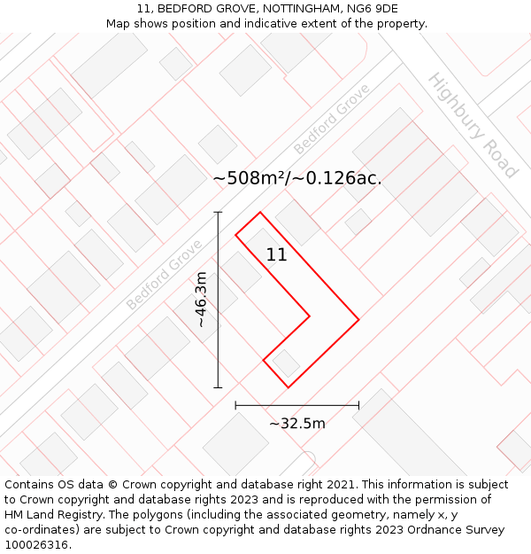 11, BEDFORD GROVE, NOTTINGHAM, NG6 9DE: Plot and title map