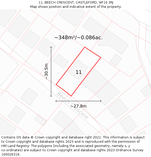 11, BEECH CRESCENT, CASTLEFORD, WF10 3RJ: Plot and title map