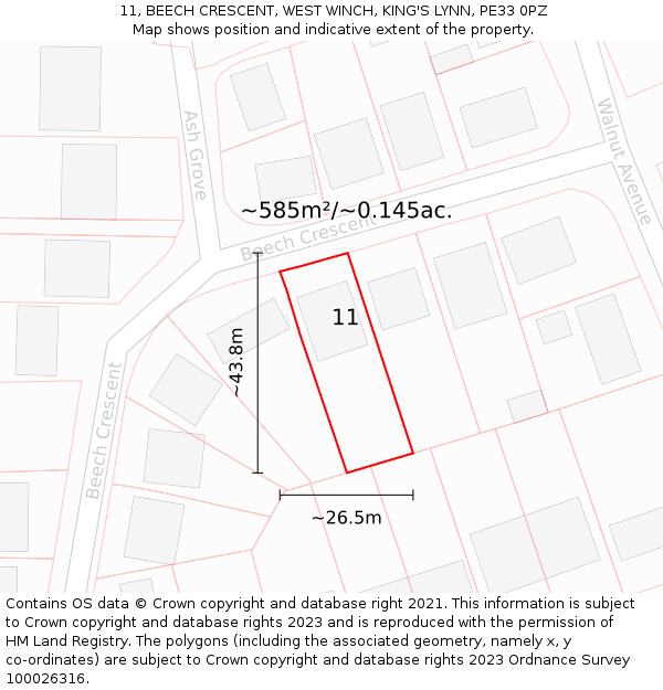 11, BEECH CRESCENT, WEST WINCH, KING'S LYNN, PE33 0PZ: Plot and title map