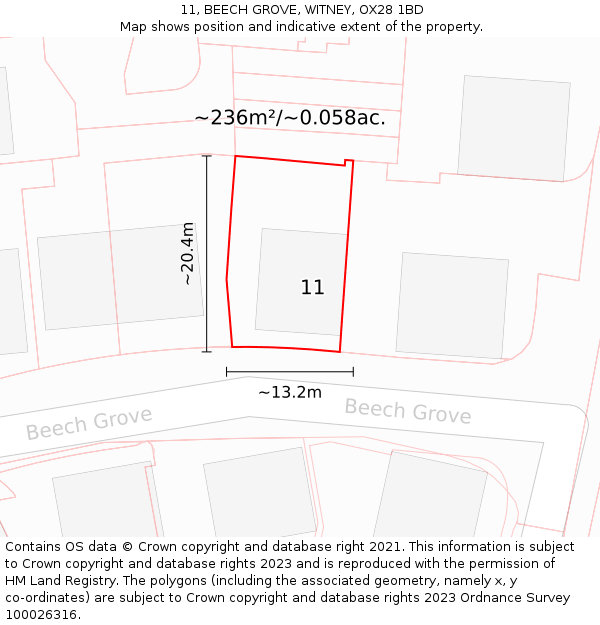 11, BEECH GROVE, WITNEY, OX28 1BD: Plot and title map