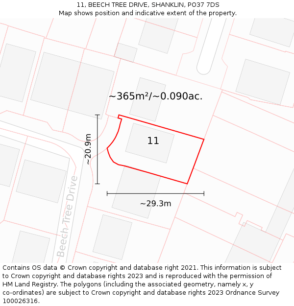 11, BEECH TREE DRIVE, SHANKLIN, PO37 7DS: Plot and title map