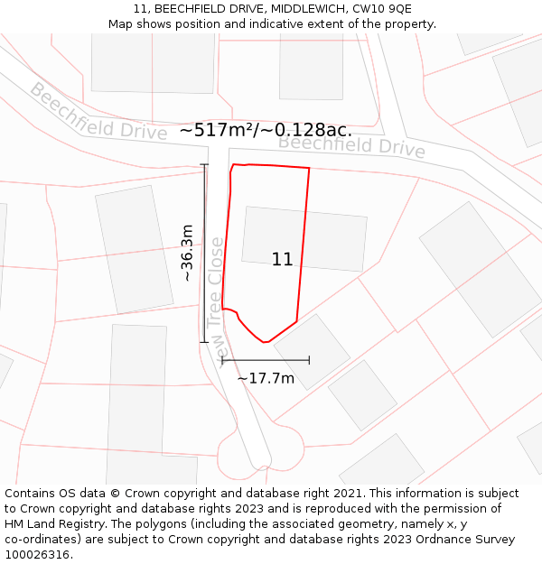 11, BEECHFIELD DRIVE, MIDDLEWICH, CW10 9QE: Plot and title map