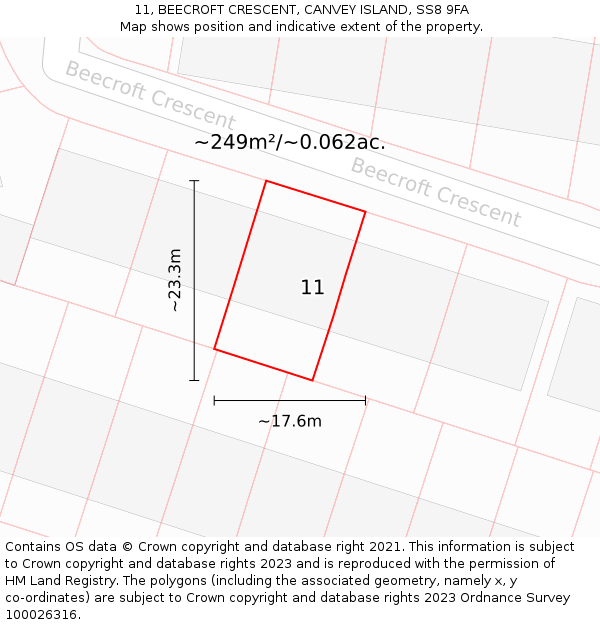 11, BEECROFT CRESCENT, CANVEY ISLAND, SS8 9FA: Plot and title map