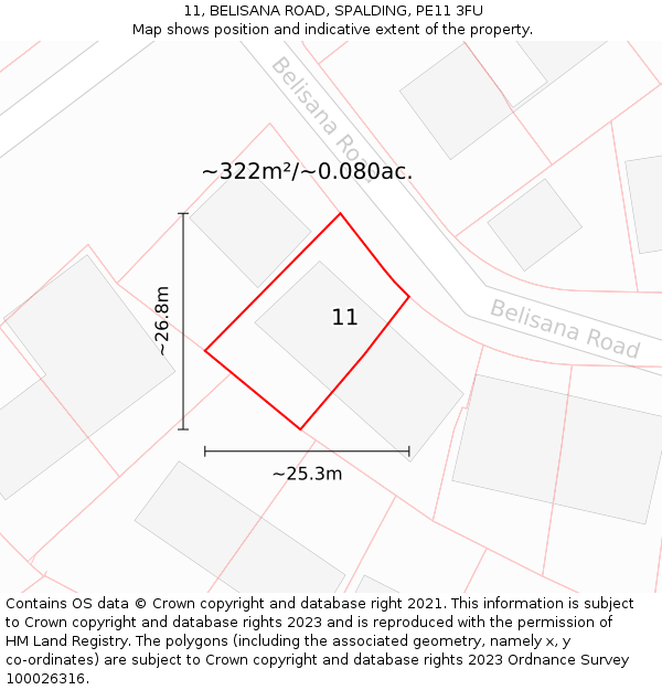 11, BELISANA ROAD, SPALDING, PE11 3FU: Plot and title map