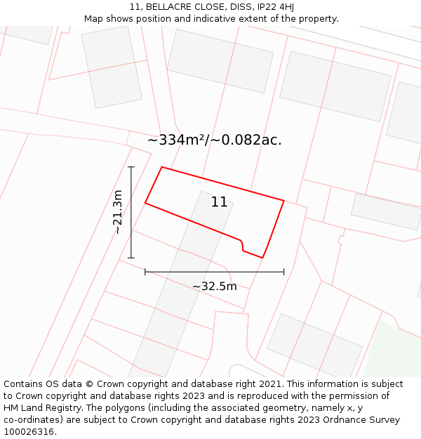 11, BELLACRE CLOSE, DISS, IP22 4HJ: Plot and title map