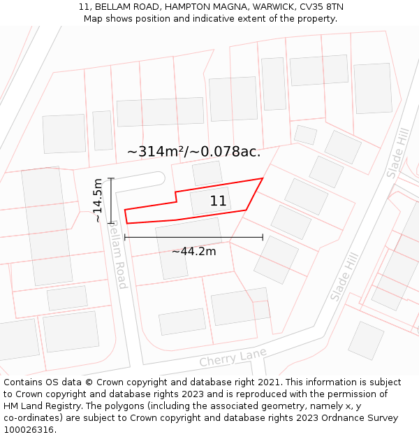 11, BELLAM ROAD, HAMPTON MAGNA, WARWICK, CV35 8TN: Plot and title map