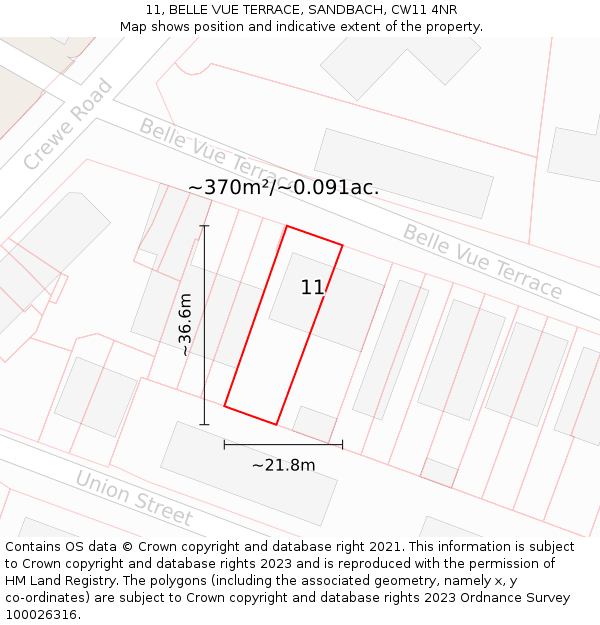 11, BELLE VUE TERRACE, SANDBACH, CW11 4NR: Plot and title map