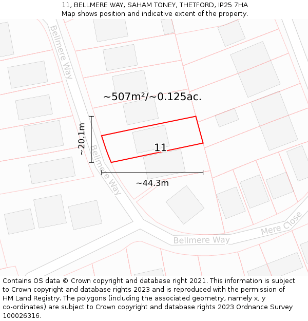 11, BELLMERE WAY, SAHAM TONEY, THETFORD, IP25 7HA: Plot and title map